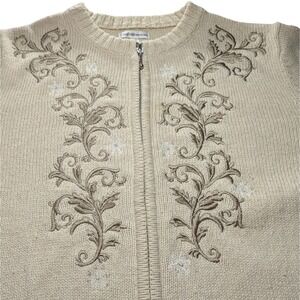 Croft and Barrow‎ Cardigan Sweater Zip Up Tan Floral Embroidered  Womens Med SEE